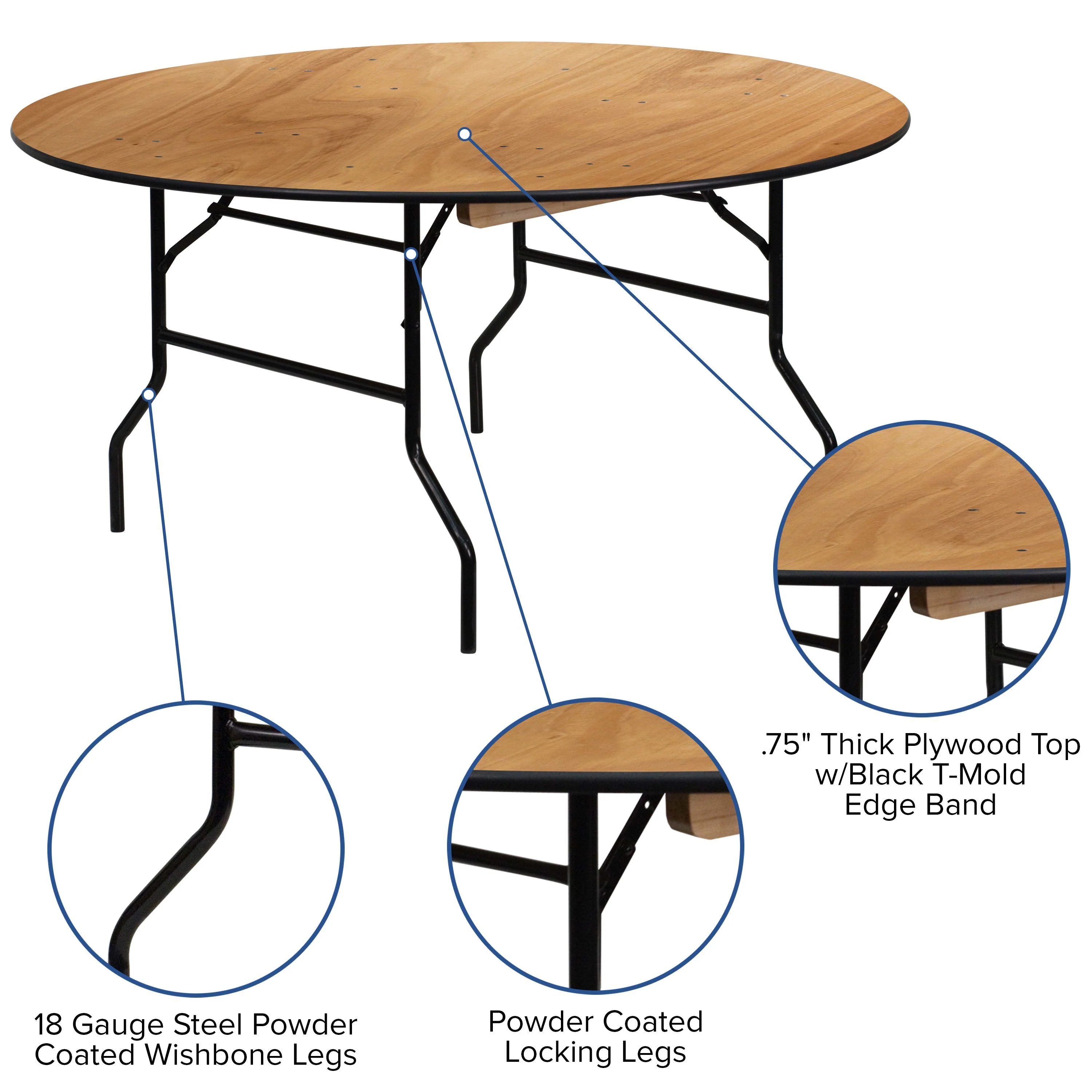 5-Foot Round Wood Folding Banquet Table with Clear Coated Finished Top - Image 5