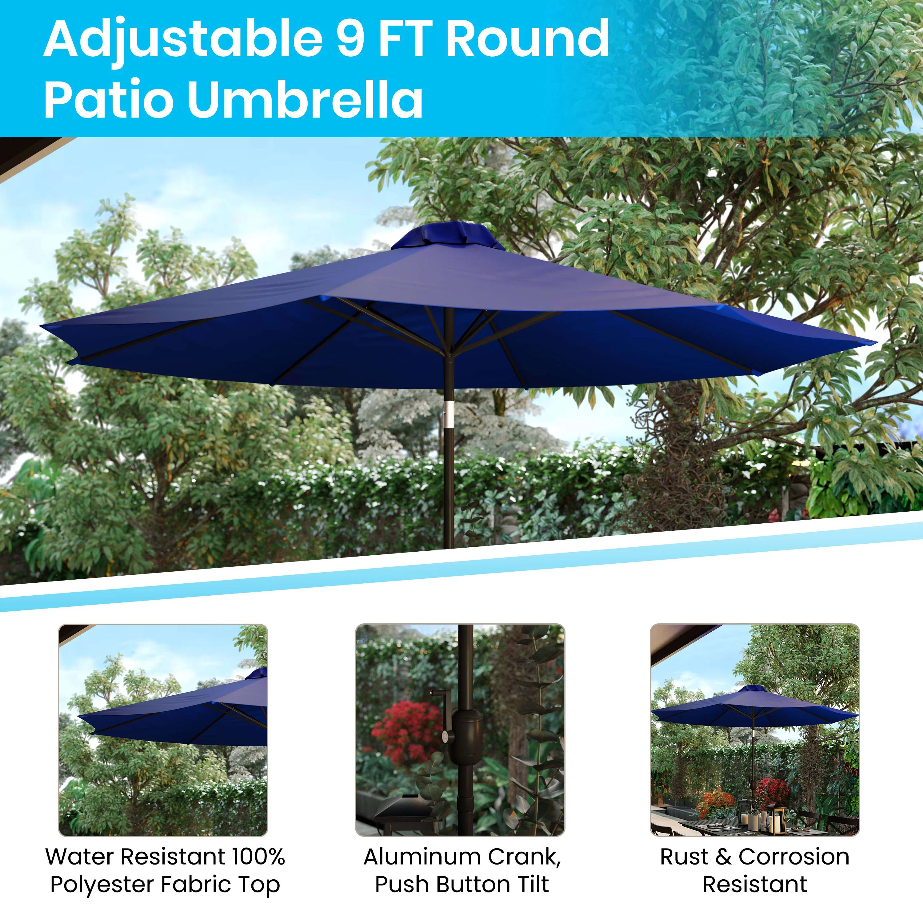 Kona 9 FT Round Umbrella with 1.5" Diameter Aluminum Pole with Crank and Tilt Function - Image 17