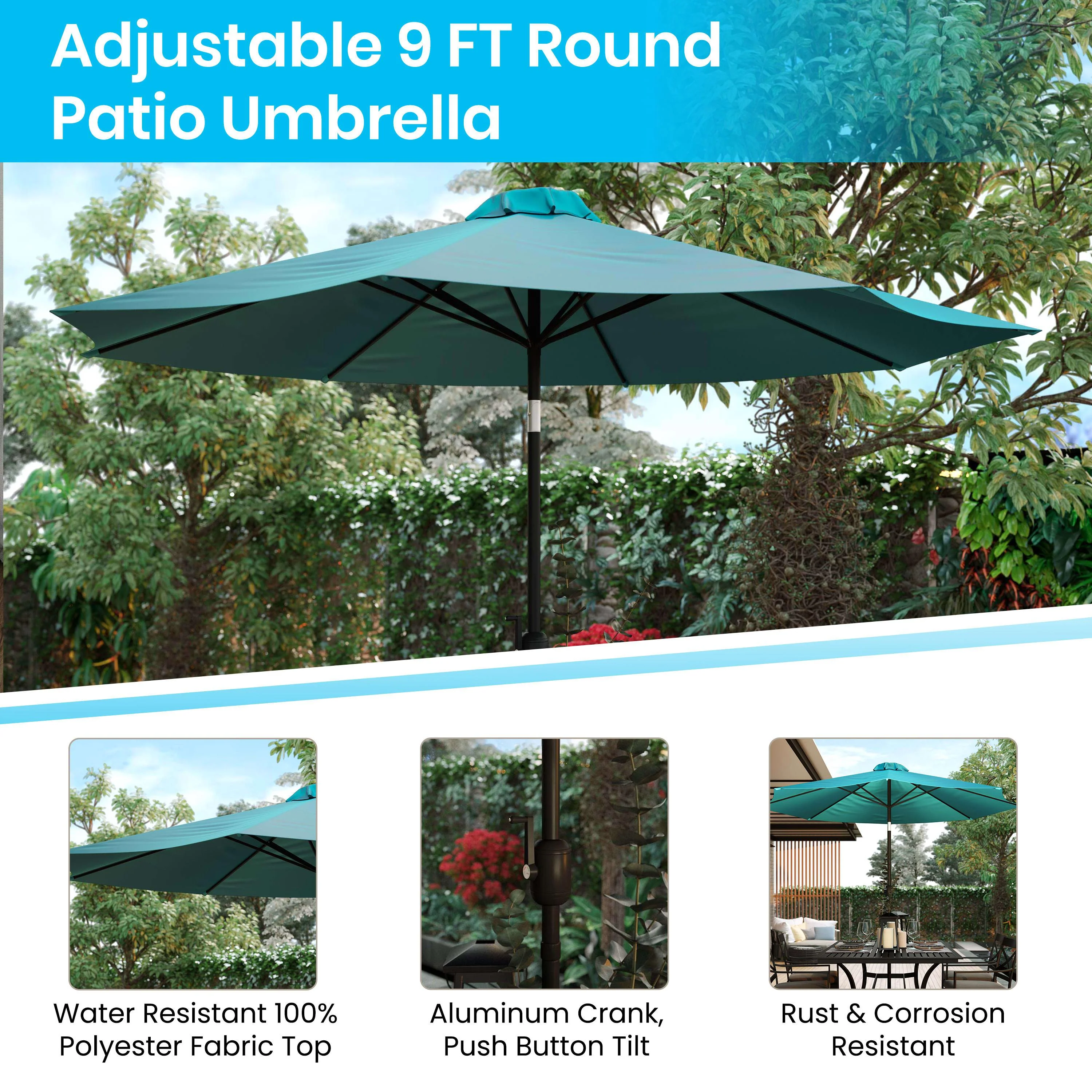 Kona 9 FT Round Umbrella with 1.5" Diameter Aluminum Pole with Crank and Tilt Function - Image 5