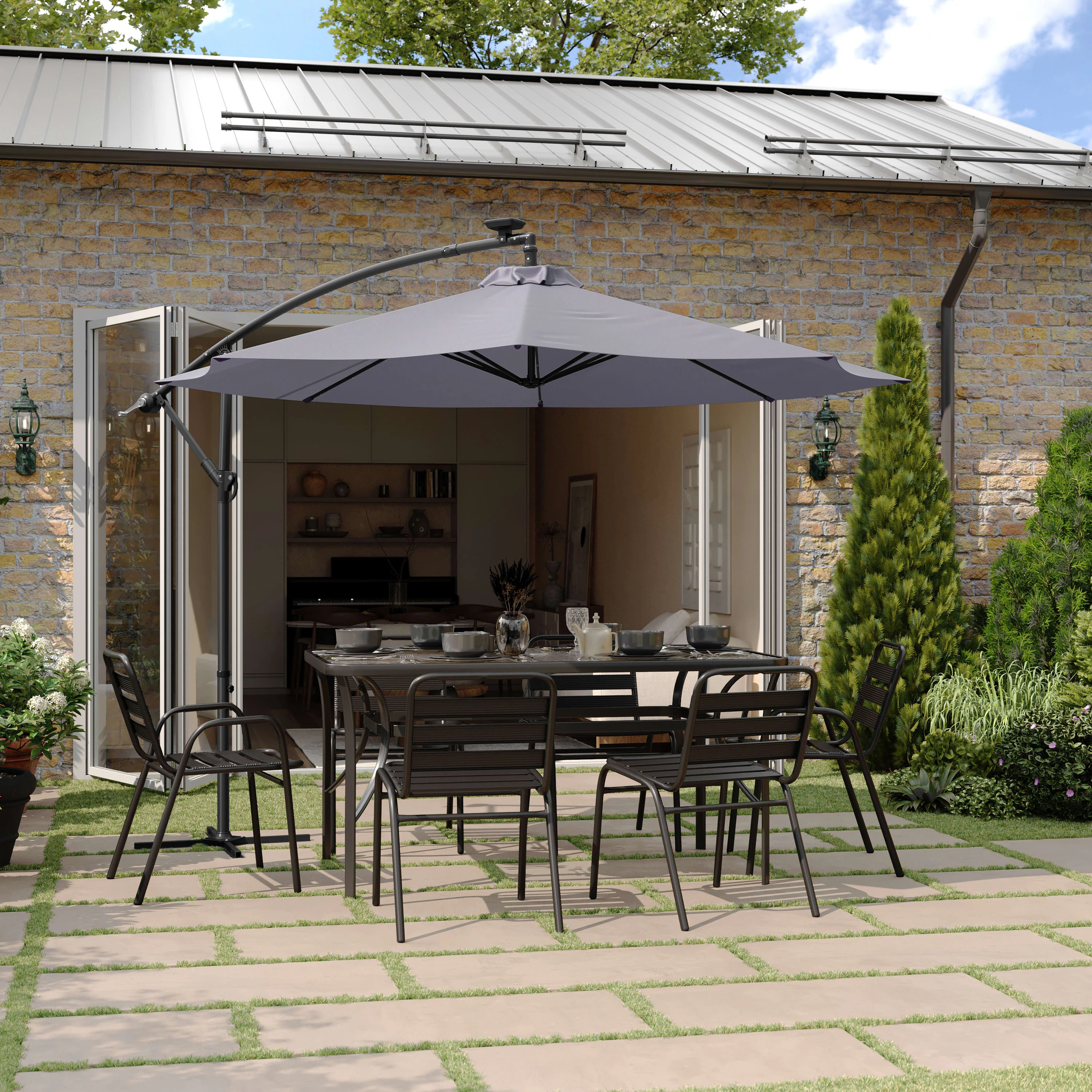 Sedona Commercial Grade 10ft Round Solar LED Cantilever Umbrella with Easy Lift and Tilt Function, Built in Cross Base - Image 14