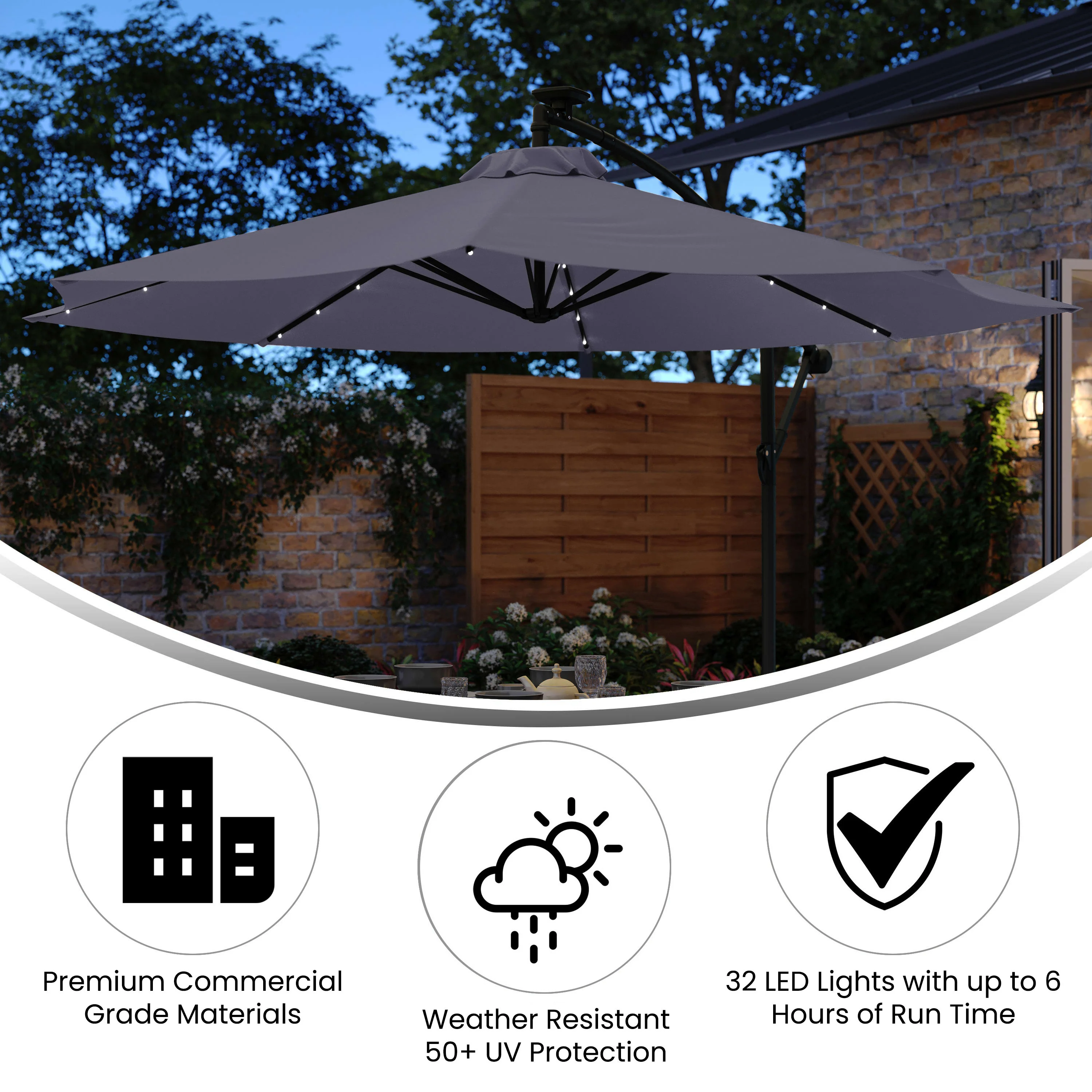 Sedona Commercial Grade 10ft Round Solar LED Cantilever Umbrella with Easy Lift and Tilt Function, Built in Cross Base - Image 16