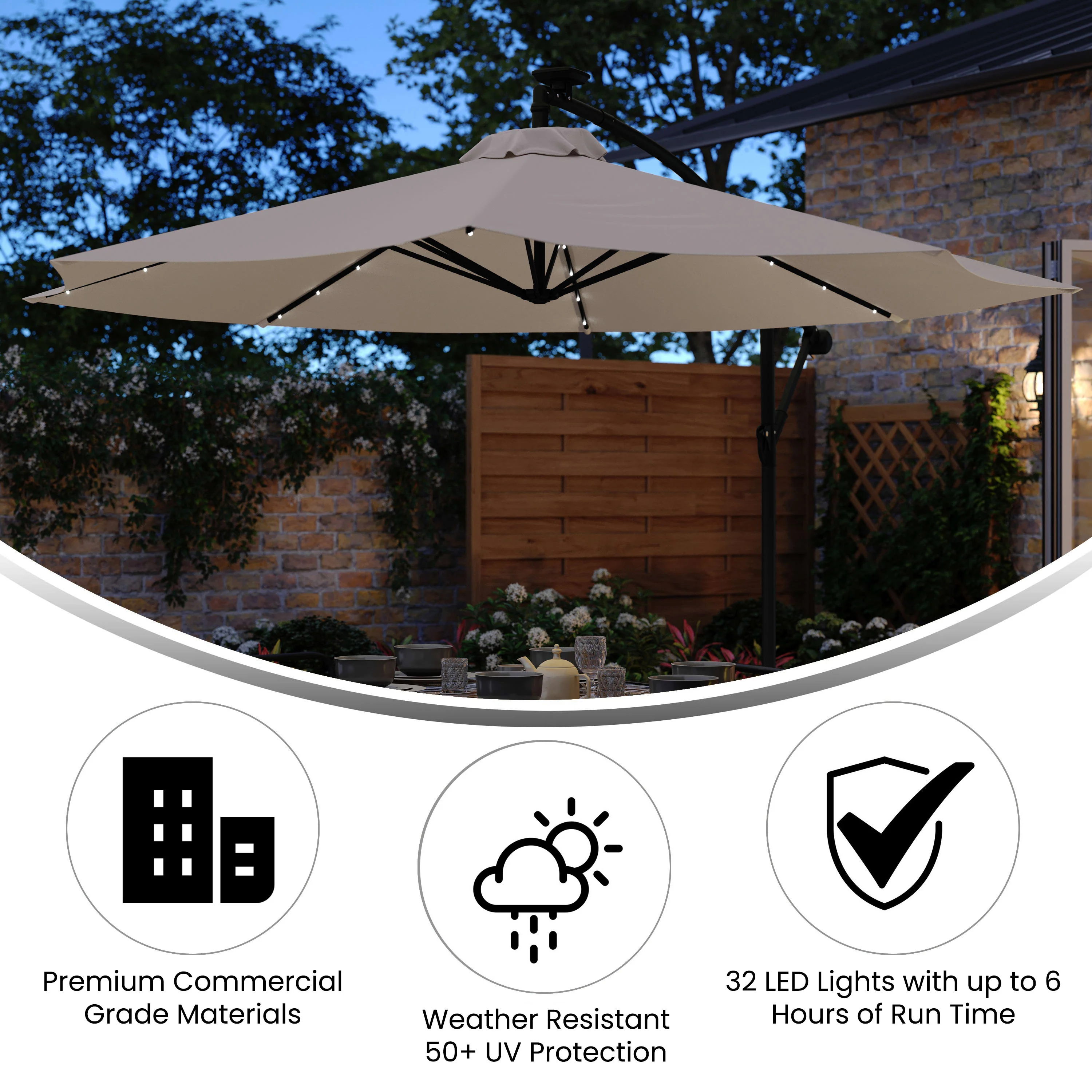 Sedona Commercial Grade 10ft Round Solar LED Cantilever Umbrella with Easy Lift and Tilt Function, Built in Cross Base - Image 4