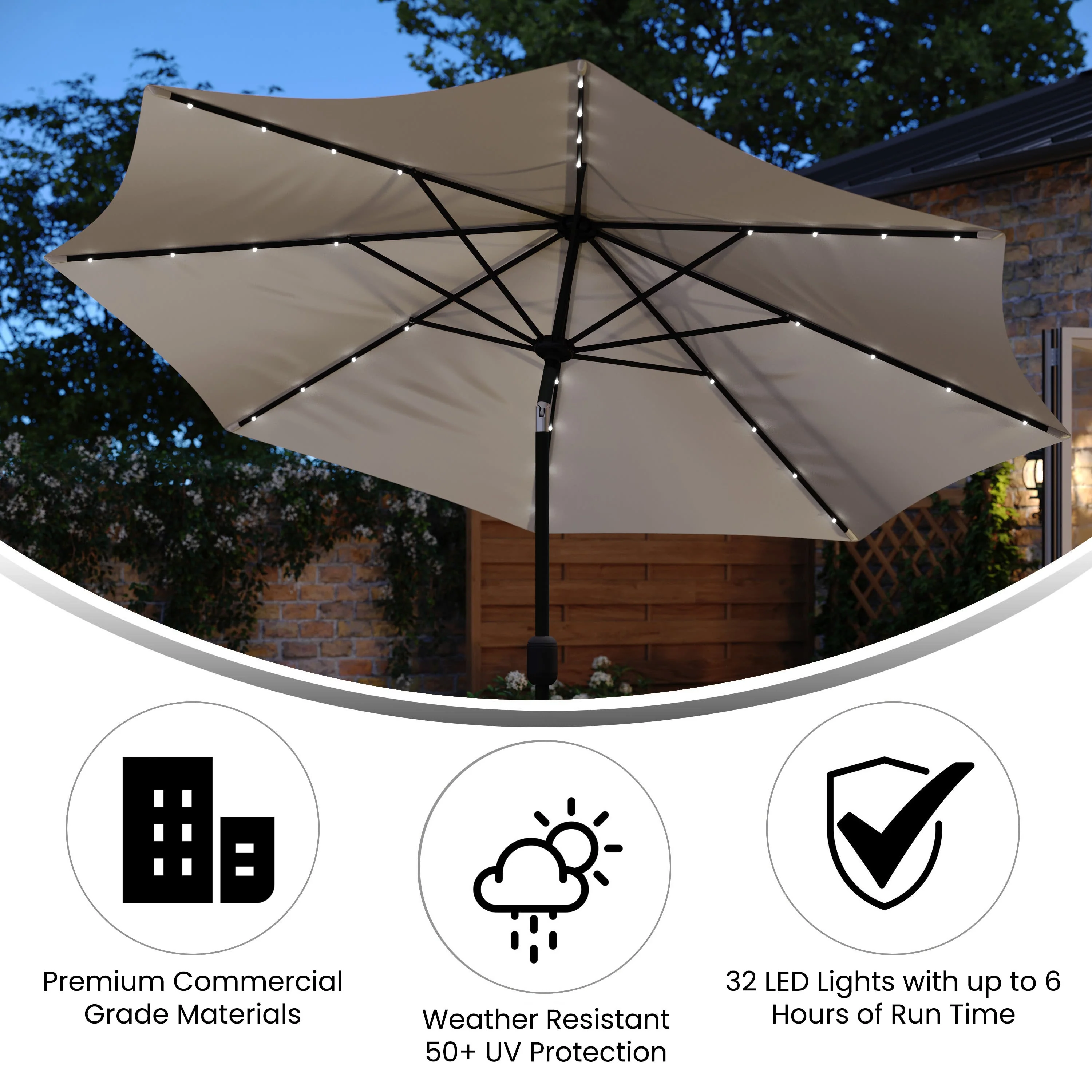 Montego Commercial Grade 9ft Round Solar LED Umbrella with Crank Lift and Tilt Function - Image 17