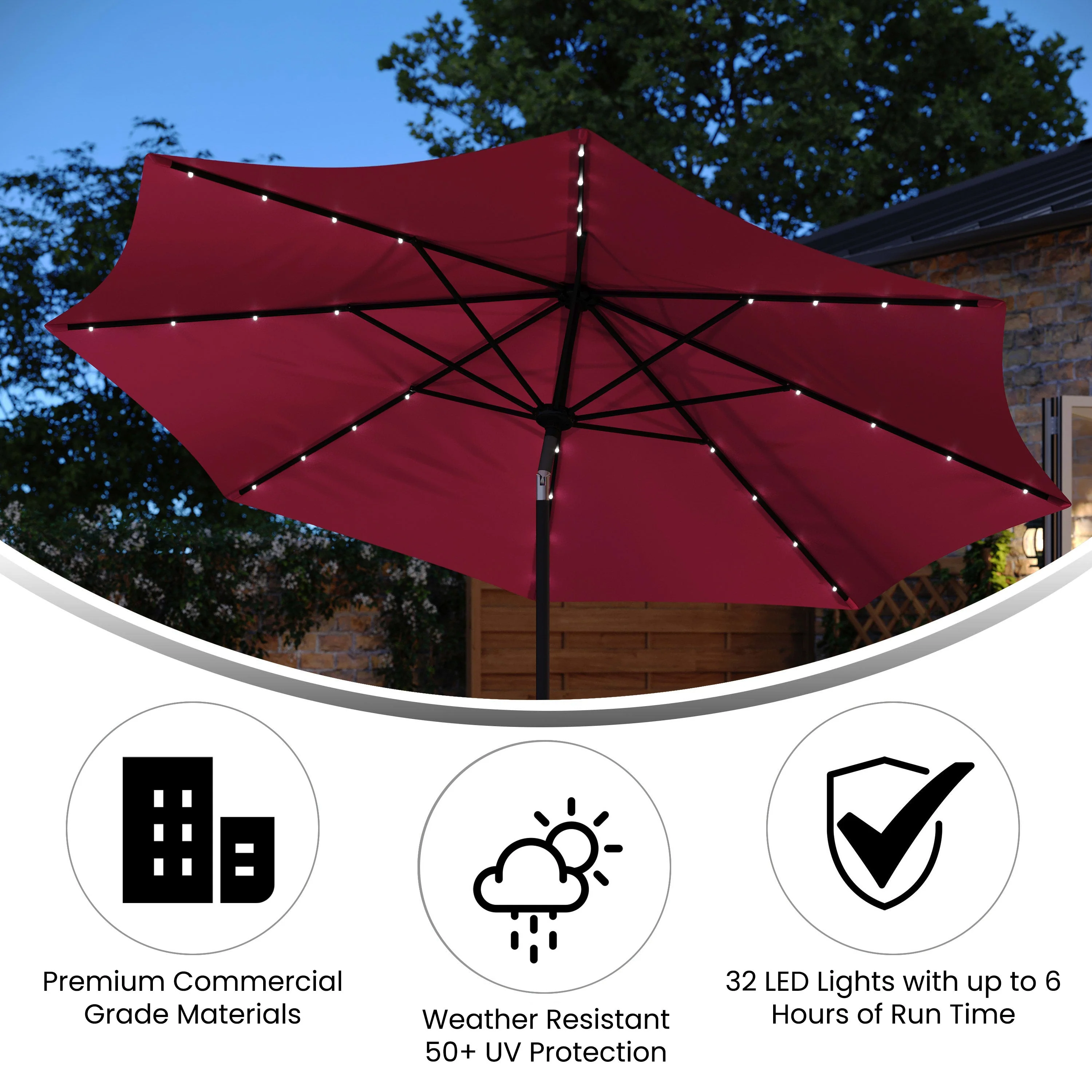 Montego Commercial Grade 9ft Round Solar LED Umbrella with Crank Lift and Tilt Function - Image 4