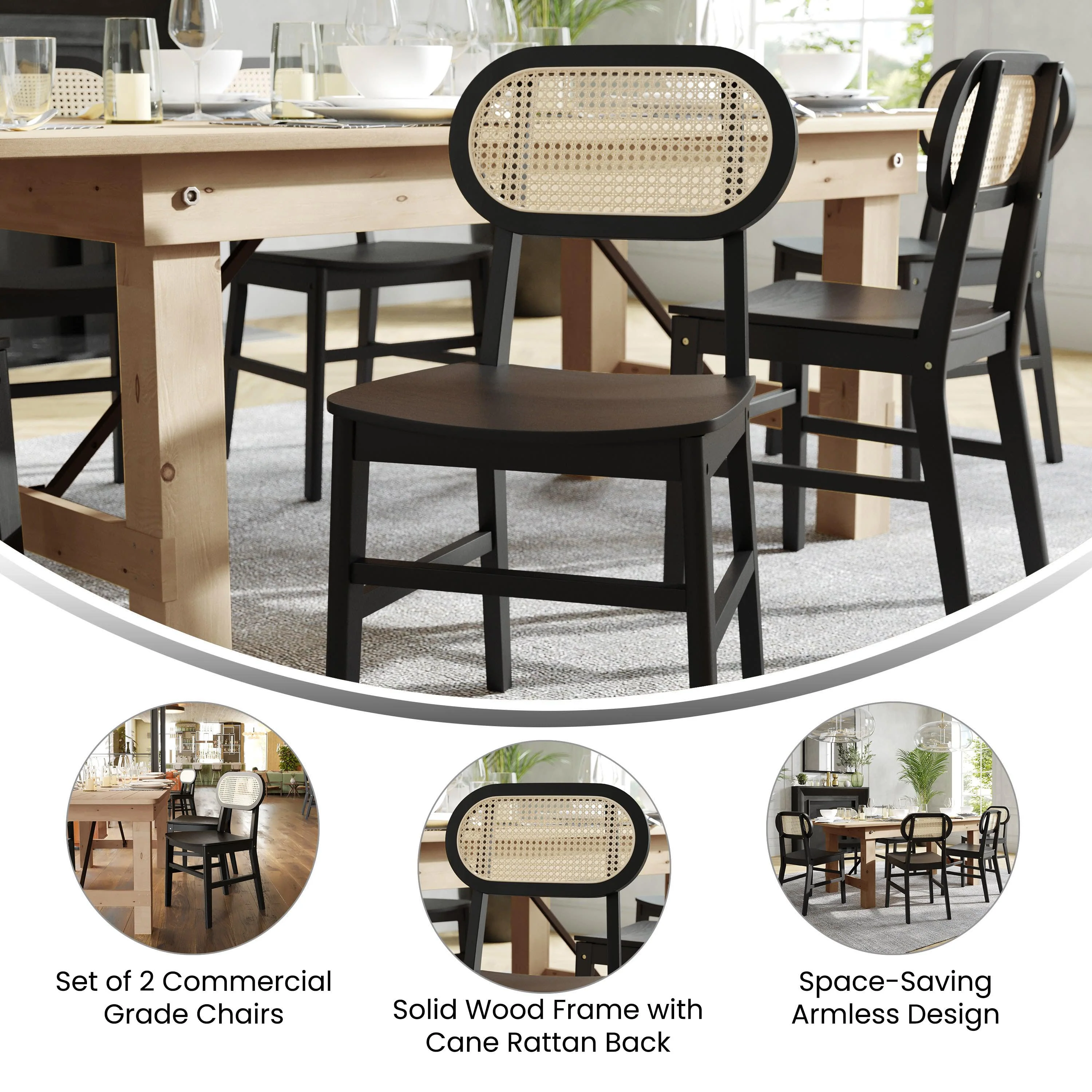 Jacob Set of 2 Commercial Cane Rattan Dining and Event Chairs with Solid Wood Frame and Seat - Image 5