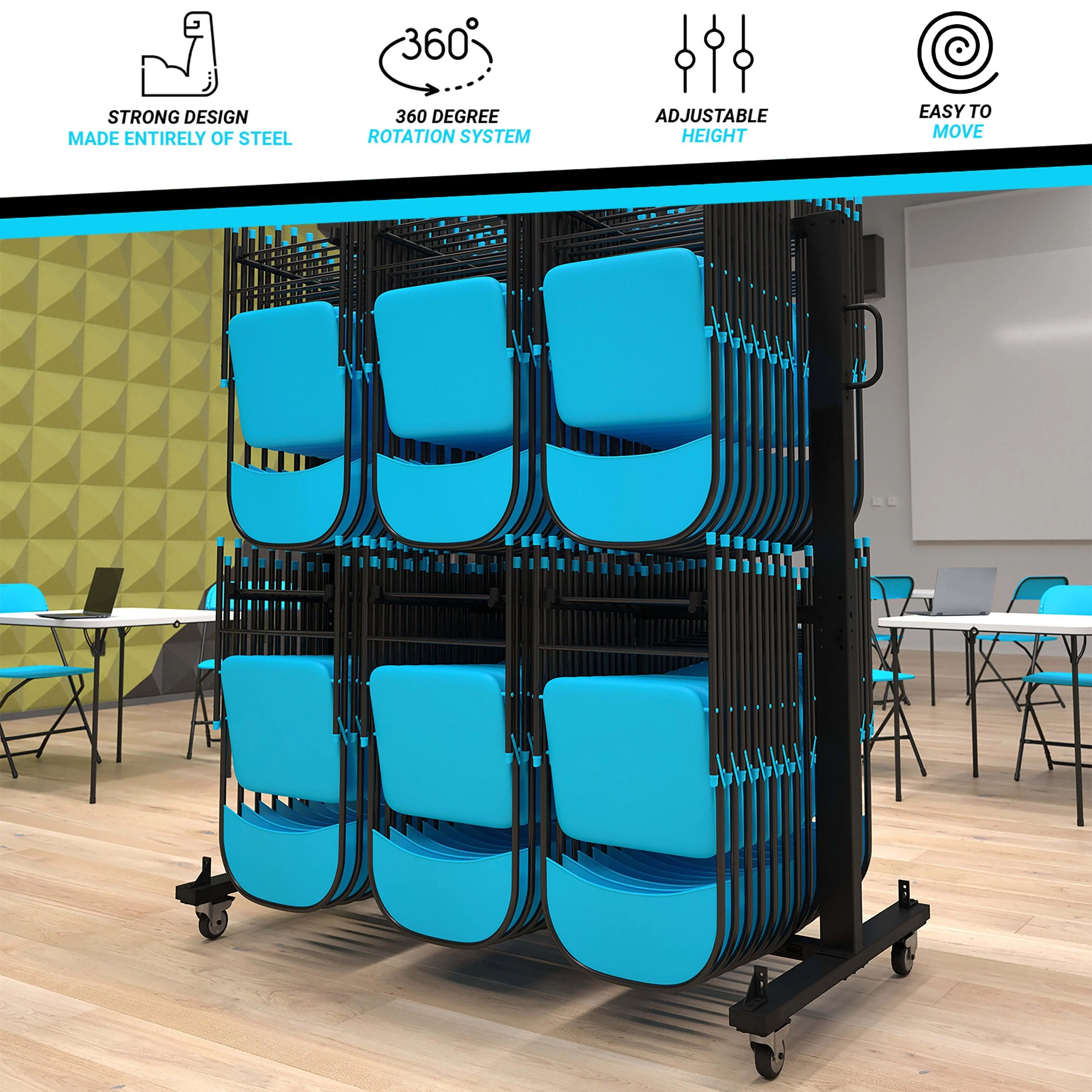 Hawkins Heavy Duty Folding Table and Chairs Mobile Cart-Locking Wheels, Outdoor Cover, 84 Folding Chairs or 42 Chairs and 12 Tables Capacity - Image 5