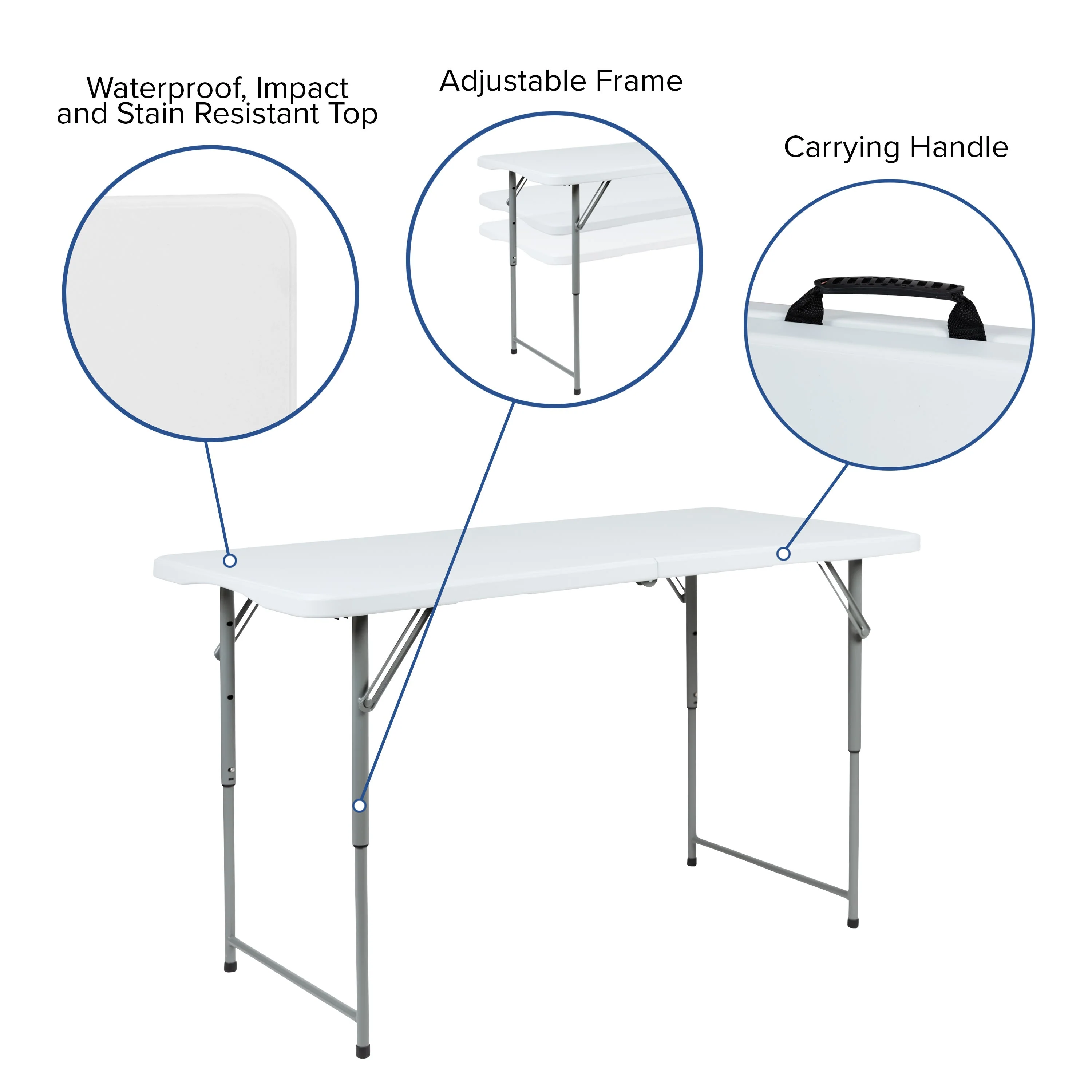 Height Adjustable Bi-Fold Plastic Folding Table with Carrying Handle - Image 5