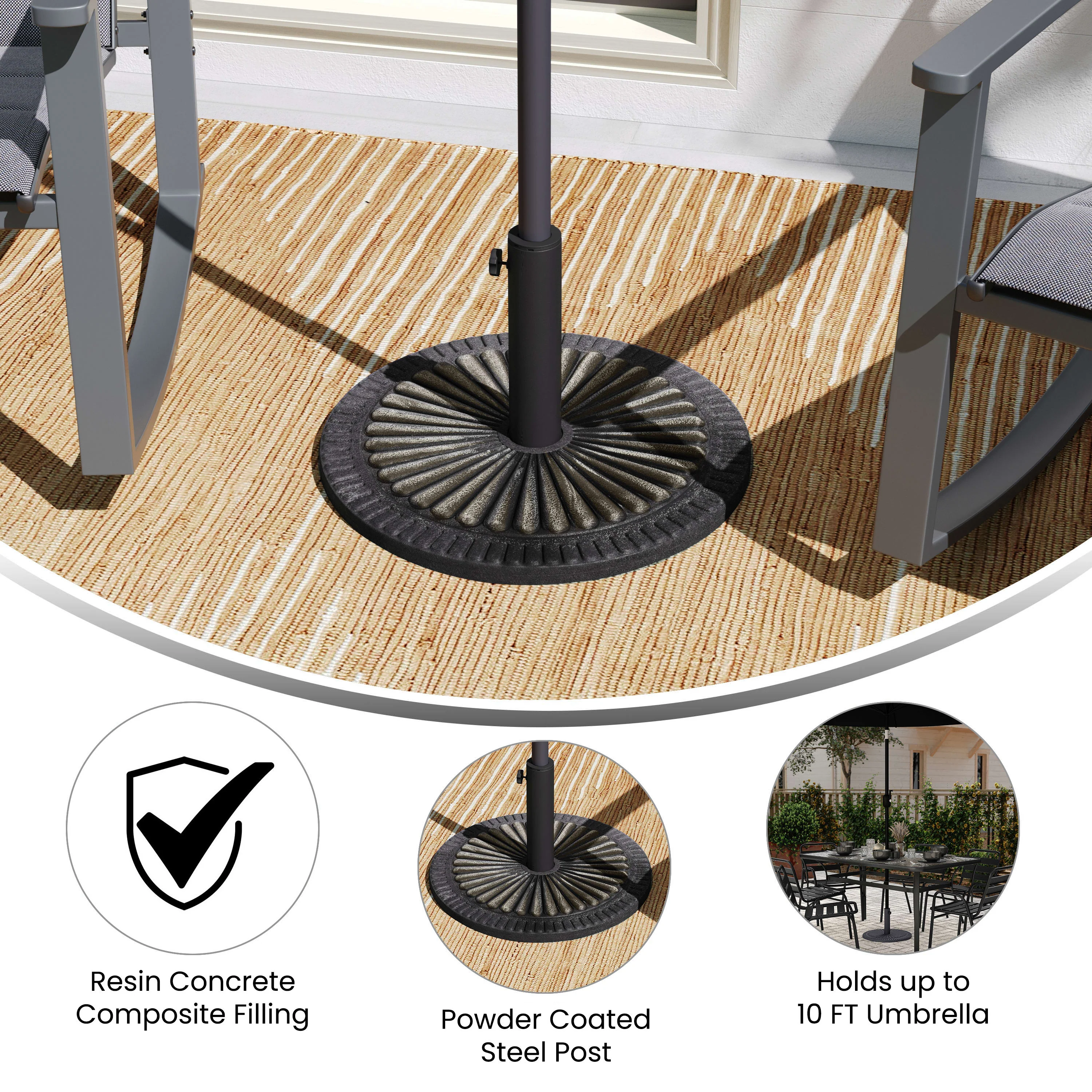 Kona Universal Cement Patio Umbrella Base with Sunburst Patterned Weatherproof Plastic Polymer Coating - Image 13