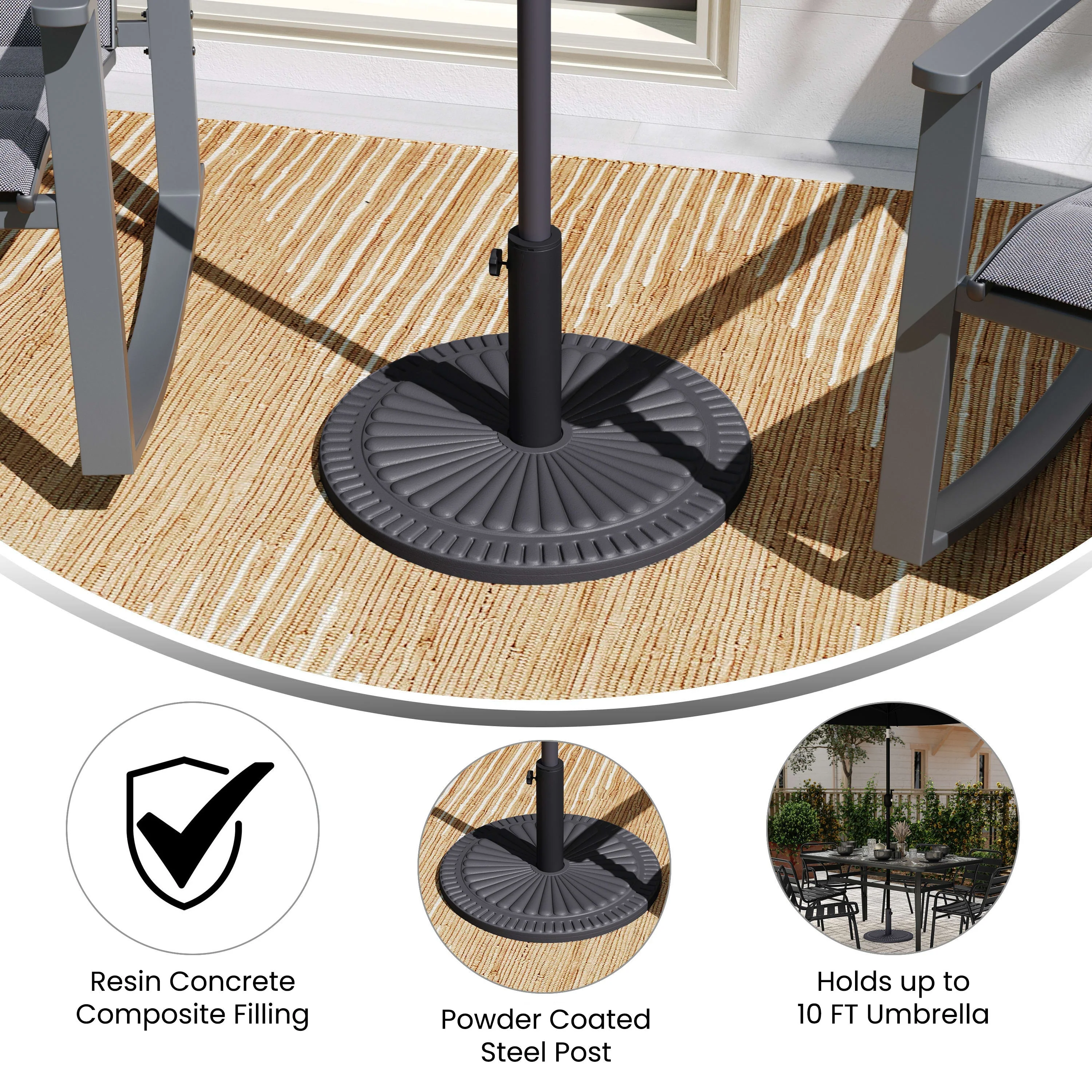 Kona Universal Cement Patio Umbrella Base with Sunburst Patterned Weatherproof Plastic Polymer Coating - Image 4