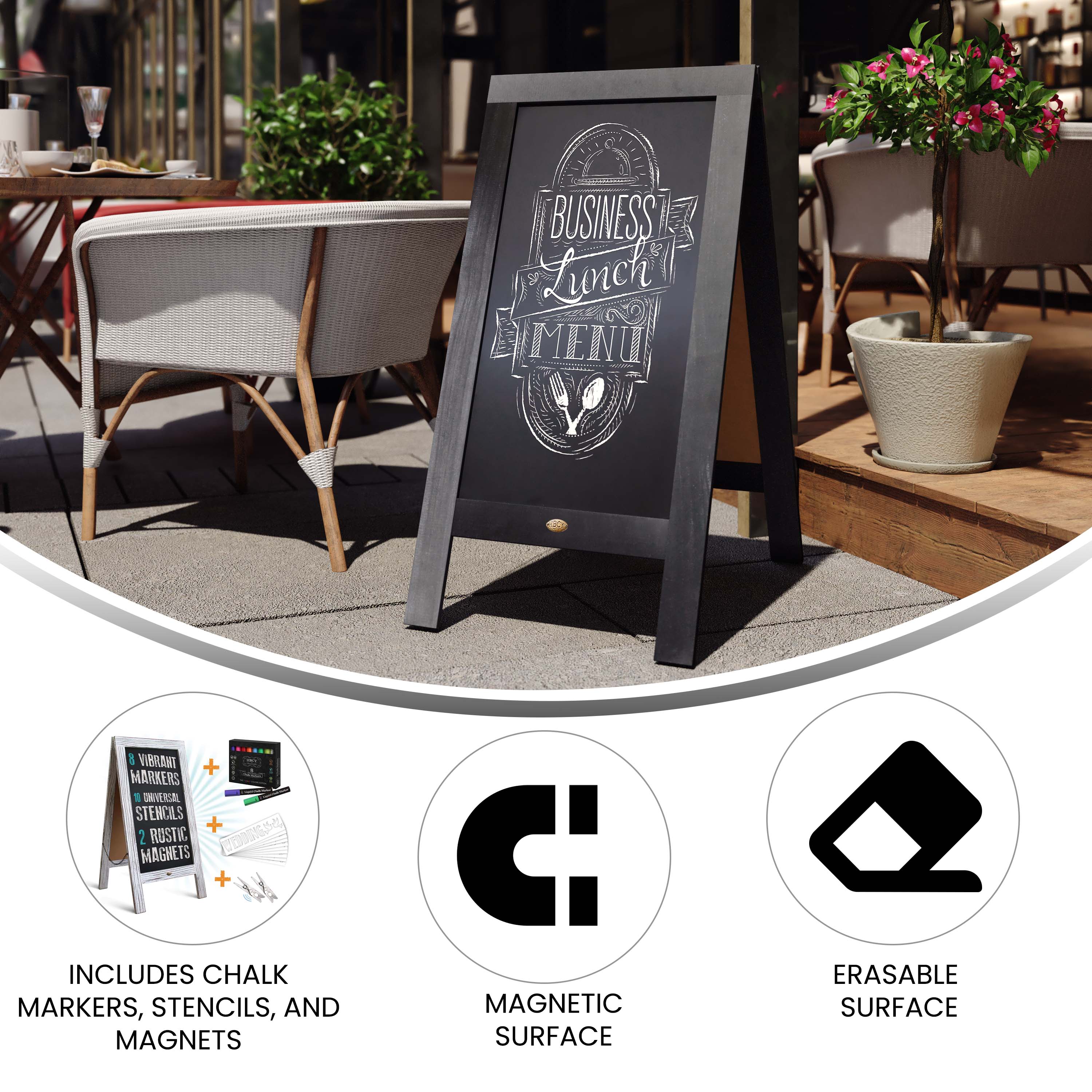 Canterbury Wooden Indoor/Outdoor A-Frame Magnetic Chalkboard Sign Set with 8 Chalk Markers, 10 Stencils, Eraser, and 2 Magnets - Image 34