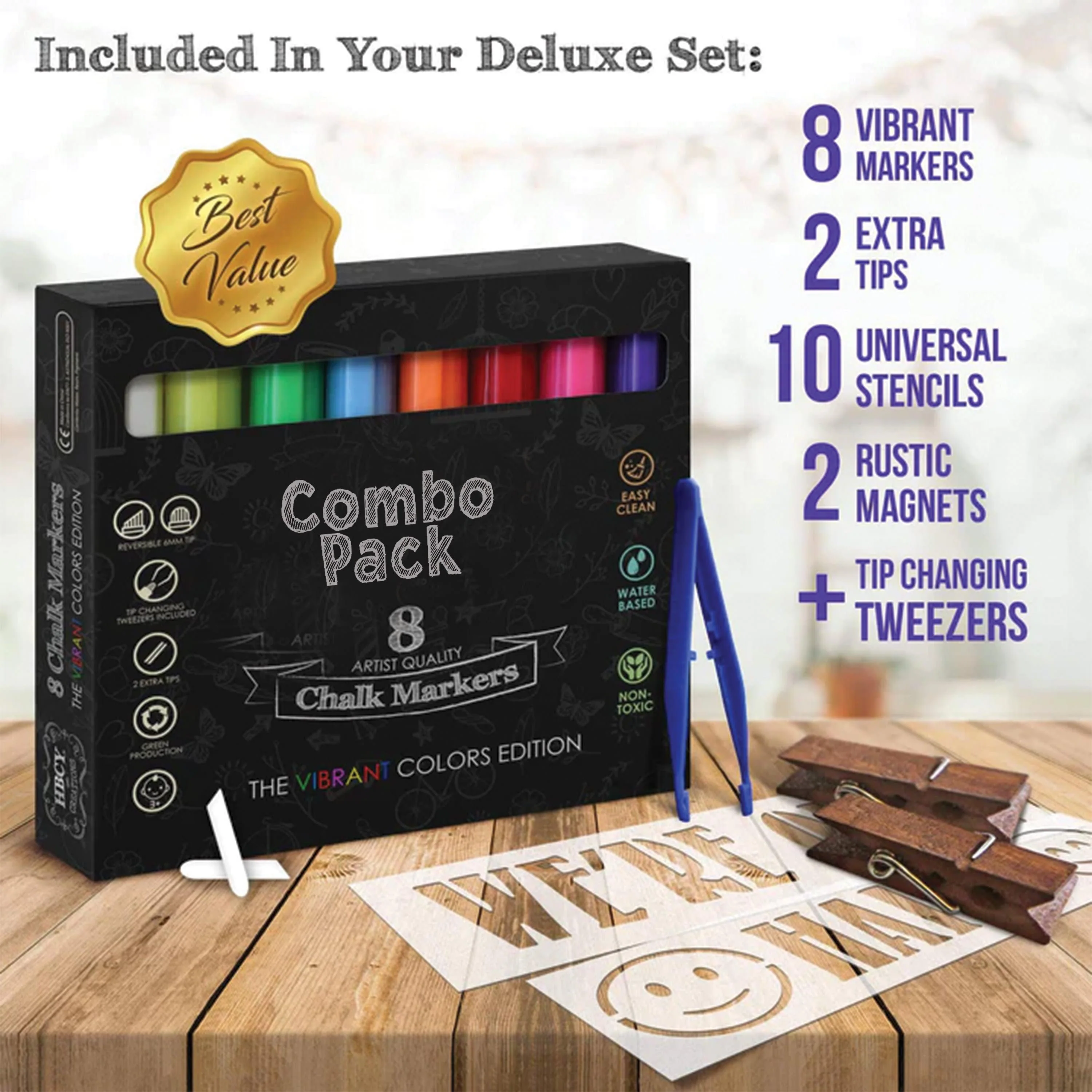 Canterbury Wooden Indoor/Outdoor A-Frame Magnetic Chalkboard Sign Set with 8 Chalk Markers, 10 Stencils, Eraser, and 2 Magnets - Image 39